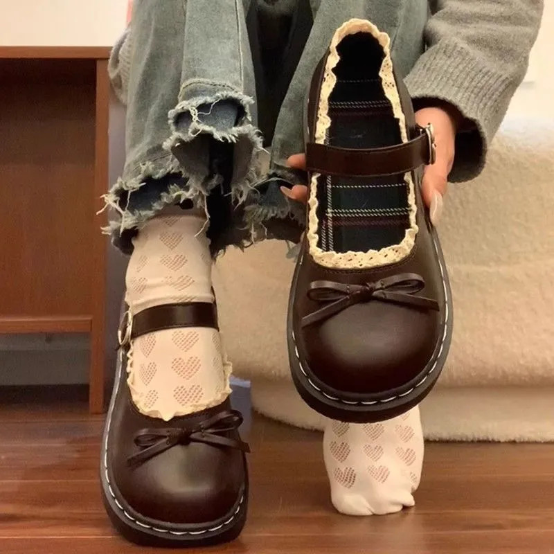Borboleta Nó Japonês Lolita Sapatos De Couro Feminino Novo Dedo Do Pé Redondo Mary Jane