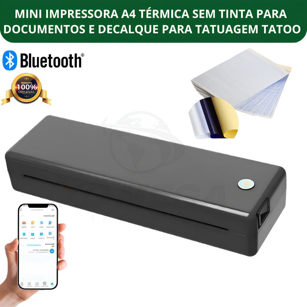 Mini Impressora A4 térmica Sem tinta para documentos e decalque tatuagem tatoo