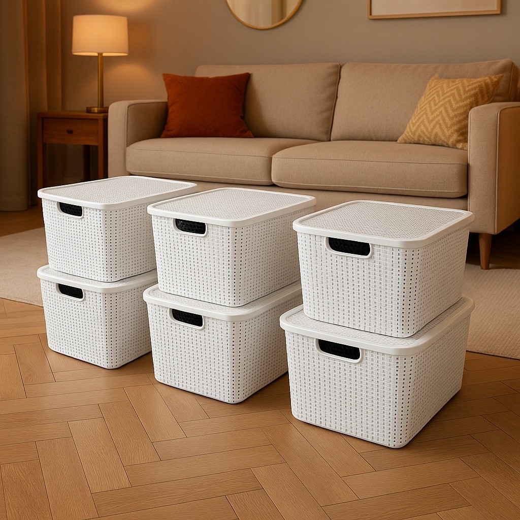 Kit com 6 Caixas Organizadora Rattan 7 Litros Branco - Cesto Armazenamento Guarda Organiza a Casa em Oferta na Shopee