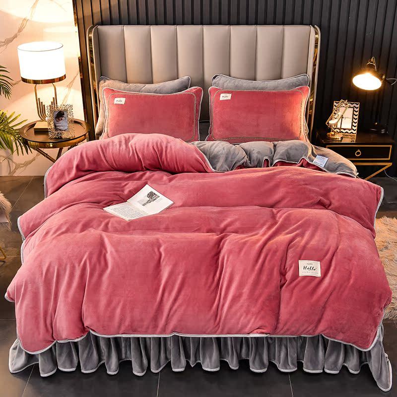 2024 novo estilo inverno alto grama peso cor sólida engrossado leite velo conjunto de quatro peças cama quente flanela f