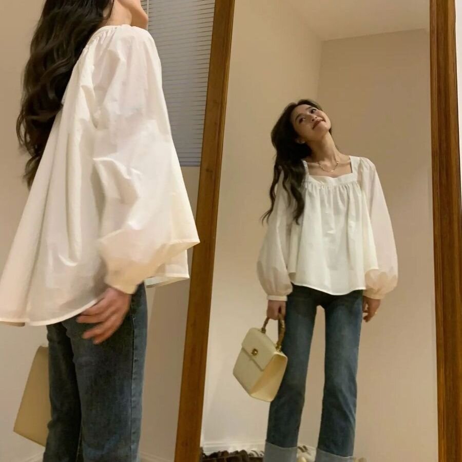 Francês Retro quadrado pescoço manga Puff camisa feminina verão camisa branca protetor solar camisa solta High-End Chiff