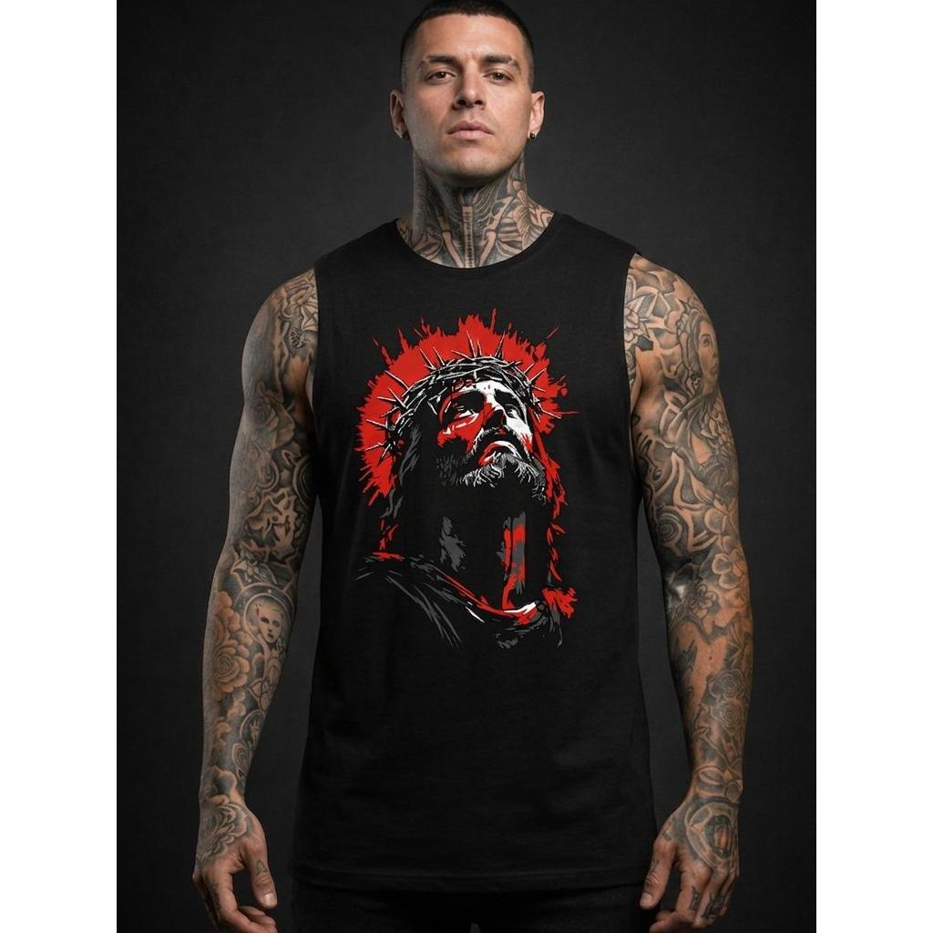 Camiseta Regata machão Unissex  Feminina Masculina Estampa Jesus cristo vermelho Algodão conforto Casual estilo Dia Dia