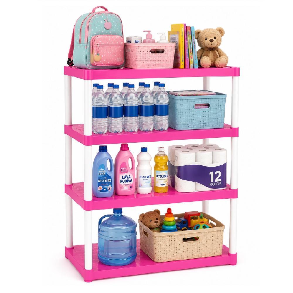 ESTANTE INFANTIL 4 PRATELEIRAS ROSA REFORÇADA 60KG ORGANIZADOR MULTIUSO QUARTO BEBÊ PORTA TRECO LAVANDERIA LOJA