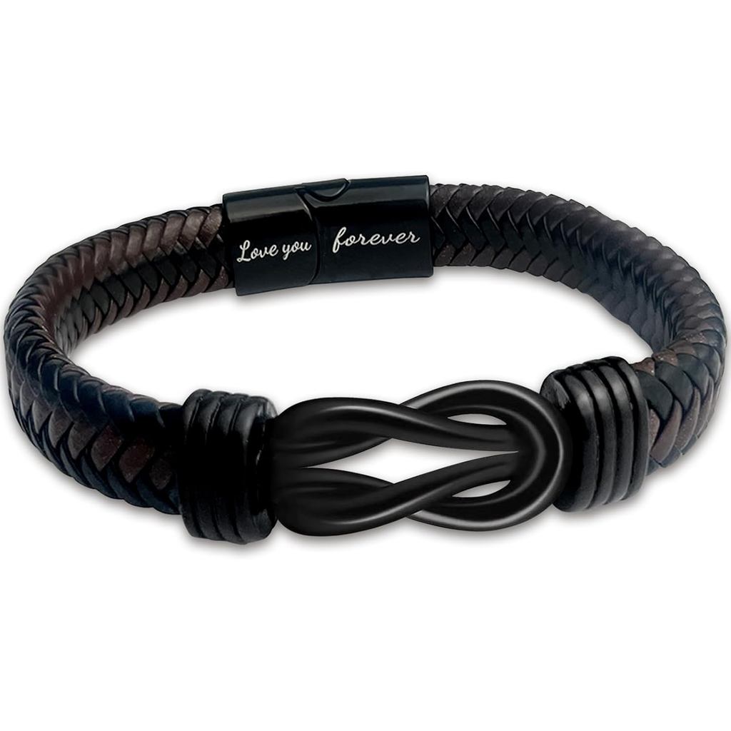 Pulseira de Nó para Homens – Pulseira de Couro Trançado Marrom com Aço Inoxidável e Símbolo do Infinito, Gravada com "Am