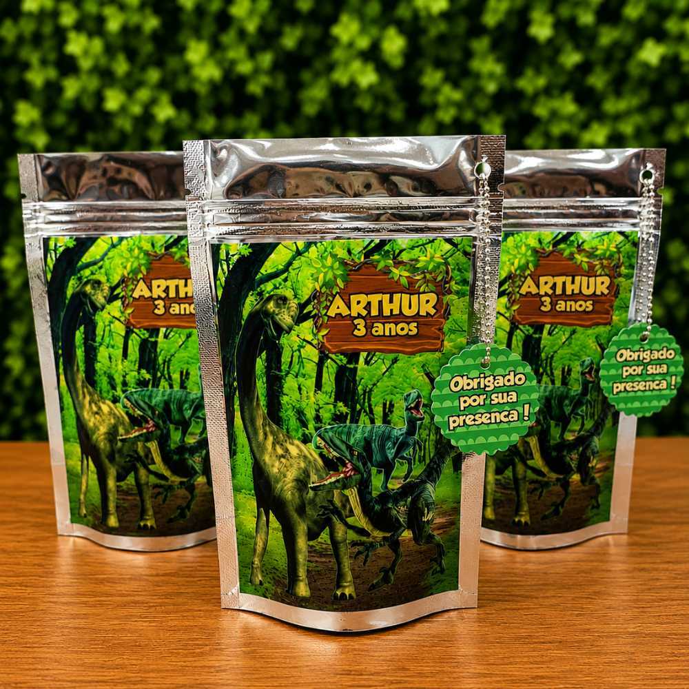 Saquinho Metalizado Ziplock Dinossauro Personalizado /Lembrancinha de Festa /Aniversário