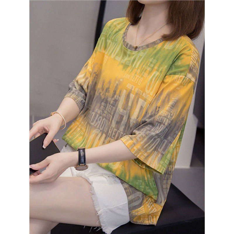 Verão de manga curta camiseta feminina 2025 novo estilo tamanho grande 100kg gordura mm moda Casual redução de idade mai