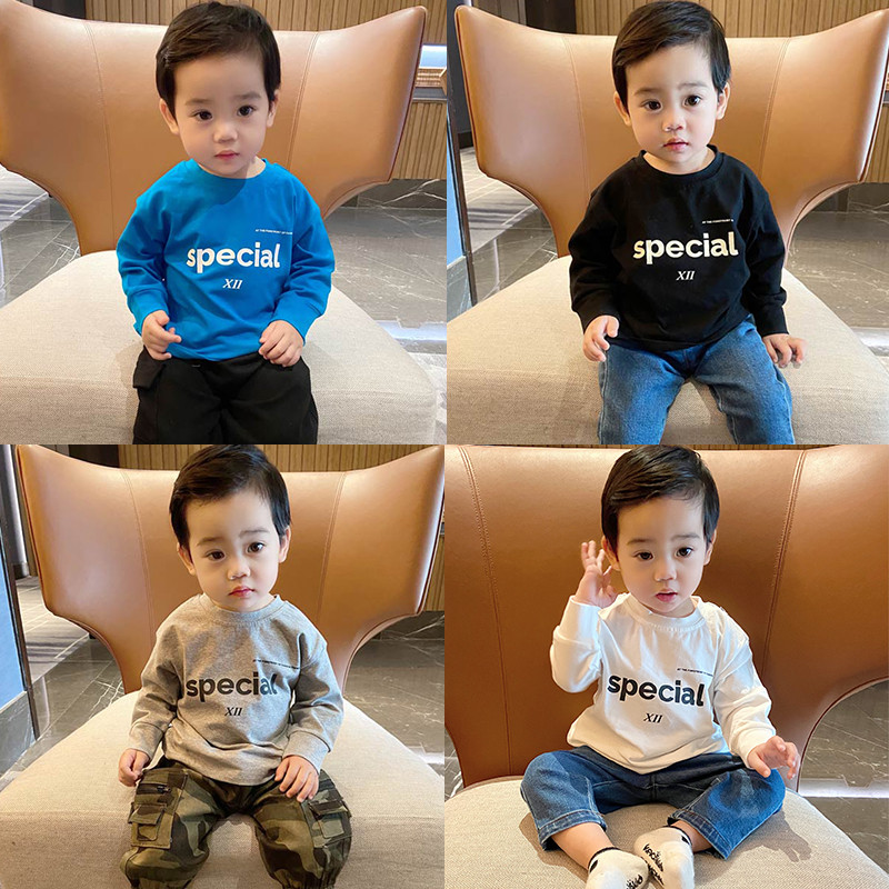 Meninos primavera novo estilo crianças camiseta de manga comprida bebê moda Casual em torno do pescoço carta impressão B