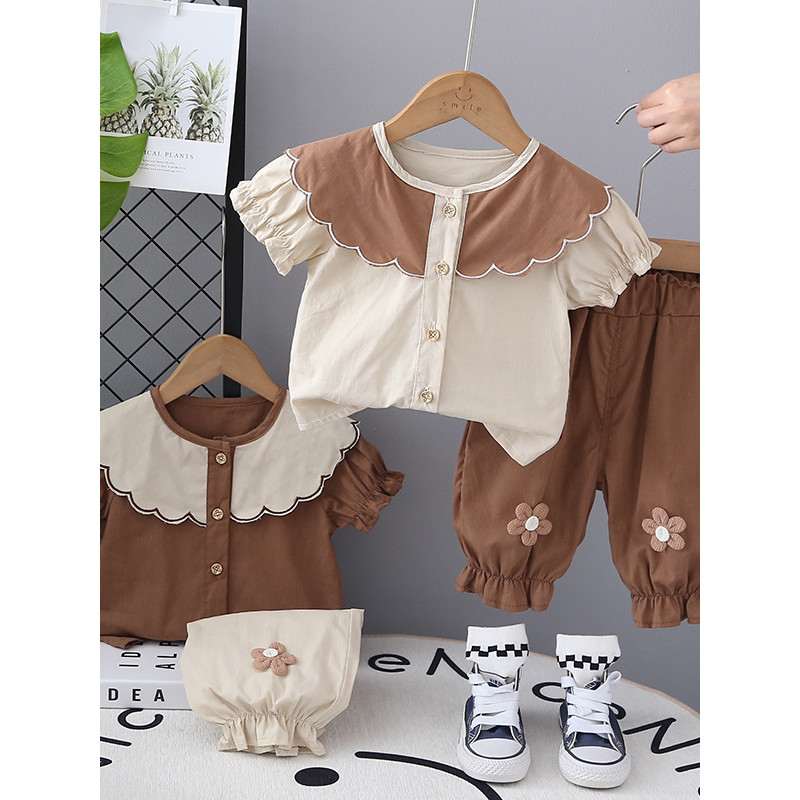 Meninas terno de verão 2026 novo estilo moda bebê moda manga curta gola boneca crianças verão moda terno de duas peças
