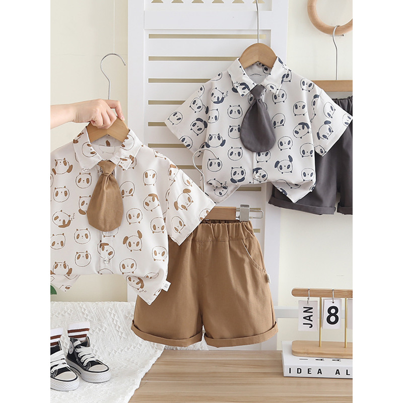 Meninos terno de verão 2026 novo estilo infantil estilo ocidental fino dos desenhos animados impresso camisa de manga cu