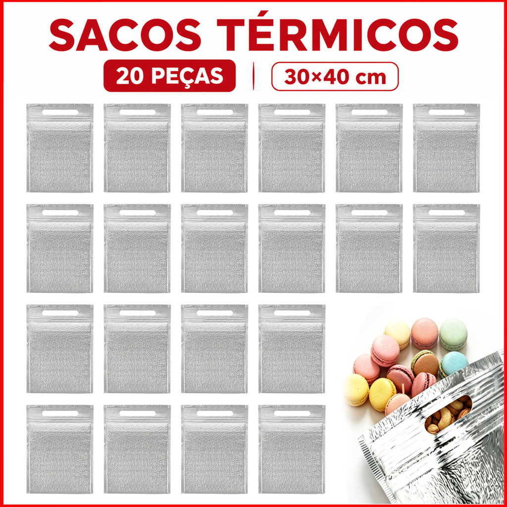 Saco Isolante Térmico 20 Unid, Alumínio 30x40cm com Alça e Zíper para Comidas e Bebidas