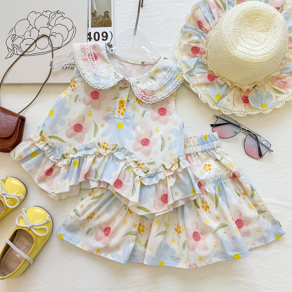 Meninas rendas flor terno 2026 verão novo estilo moda Shorts verão estilo jardim camisa do bebê de duas peças na moda
