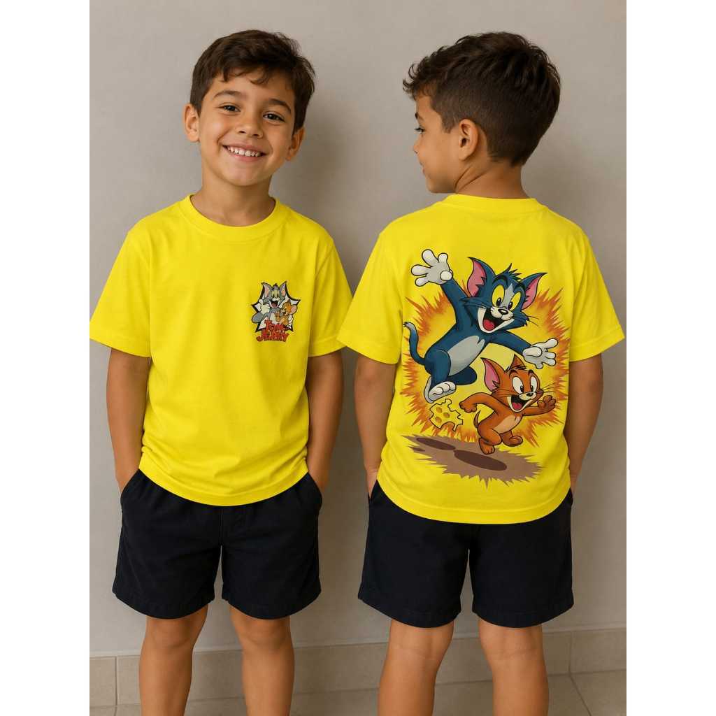 Camiseta Infantil Tom e Jerry Algodão Estampa Frente e Costas divertidas de personagens Amarela