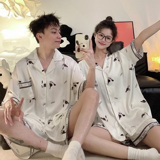 Pijama de casal de seda gelada feminino manga curta seda gelada 2026 seda solta legal roupa de casa masculina