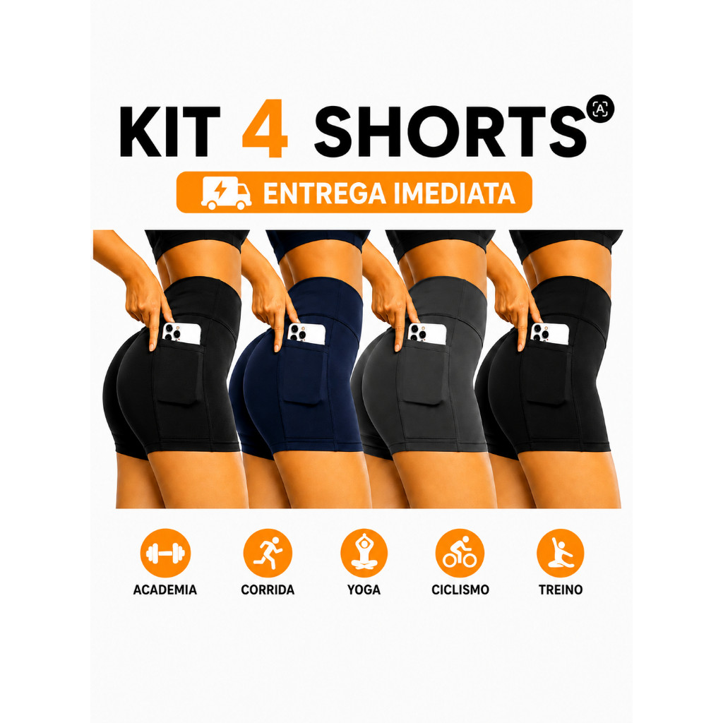 Kit 4 Shorts Feminino Academia Cintura Alta com Bolso Zero Transparência Tecido Premium