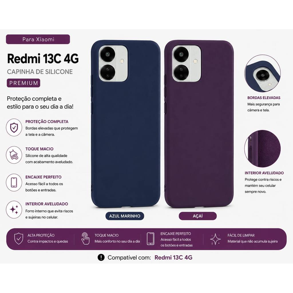 Capinha de Silicone Premium para Redmi 13C 4G – Toque Aveludado | Proteção Completa