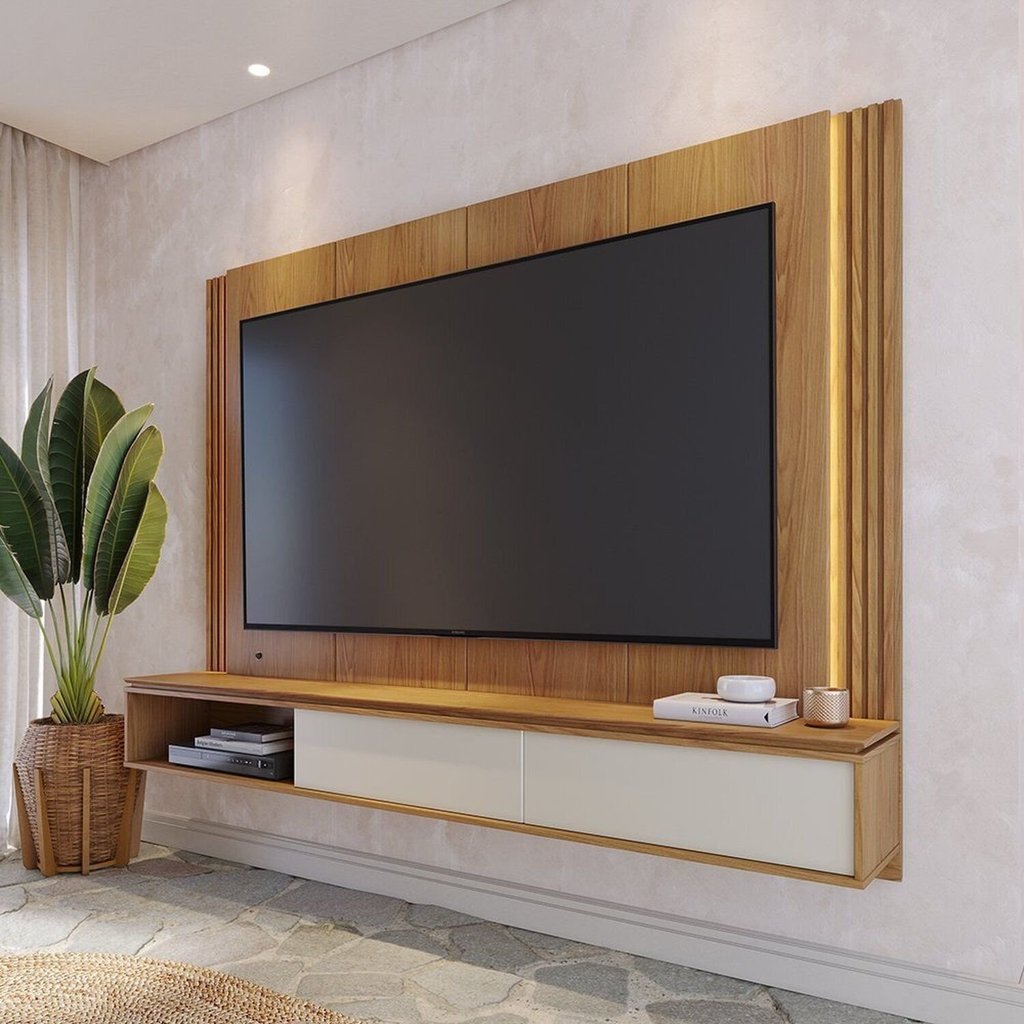Painel Ripado para TV até 75 Polegadas com LED 216,8CMX165CM 2 Portas Loa Marrom Freijó/Off White