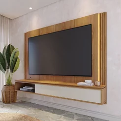 Painel Ripado para TV até 75 Polegadas com LED 216,8CMX165CM 2 Portas Loa Marrom Freijó/Off White