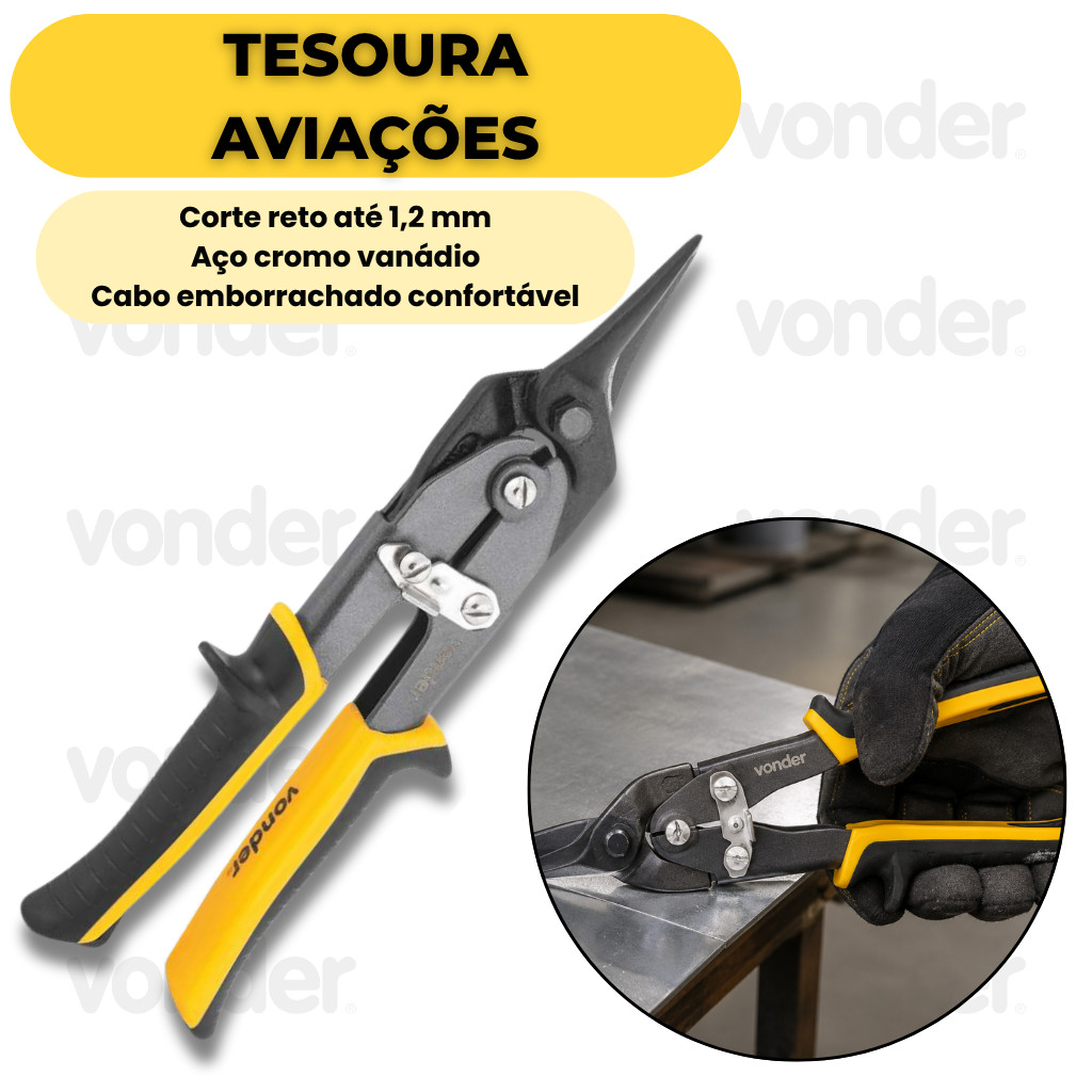 Tesoura Aviação Corte Reto Para Chapas 10 Pol Vonder Plus Profissional Aço Cr-V Industrial Ferramenta