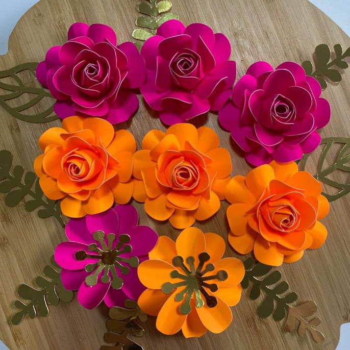 Kit 8 flor de papel para topo / topper de bolo - Rosa e Laranja neon