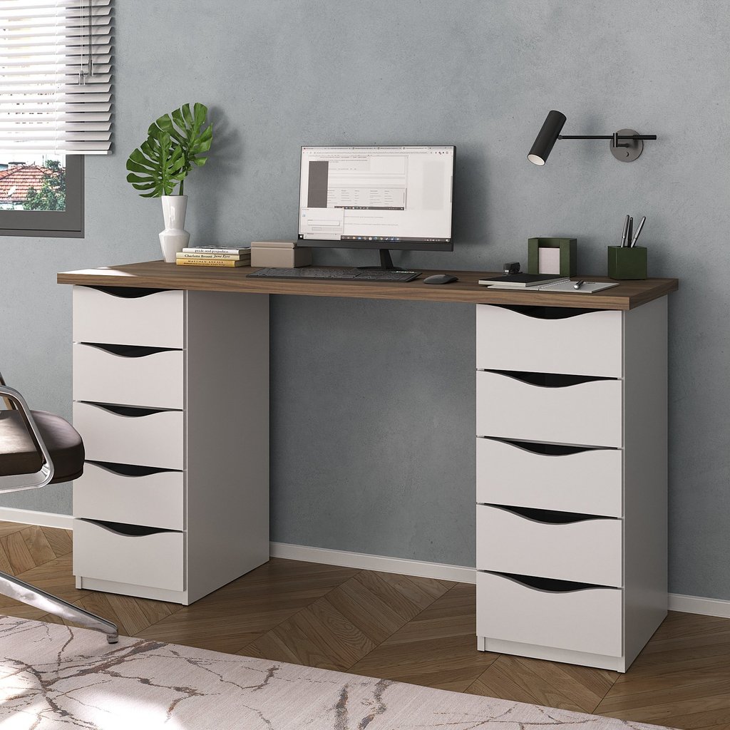 Escrivaninha Mesa Escritório Minimalista com Due 10 Gavetas 136cm Nogal e Branco Artany Nogal/Branco