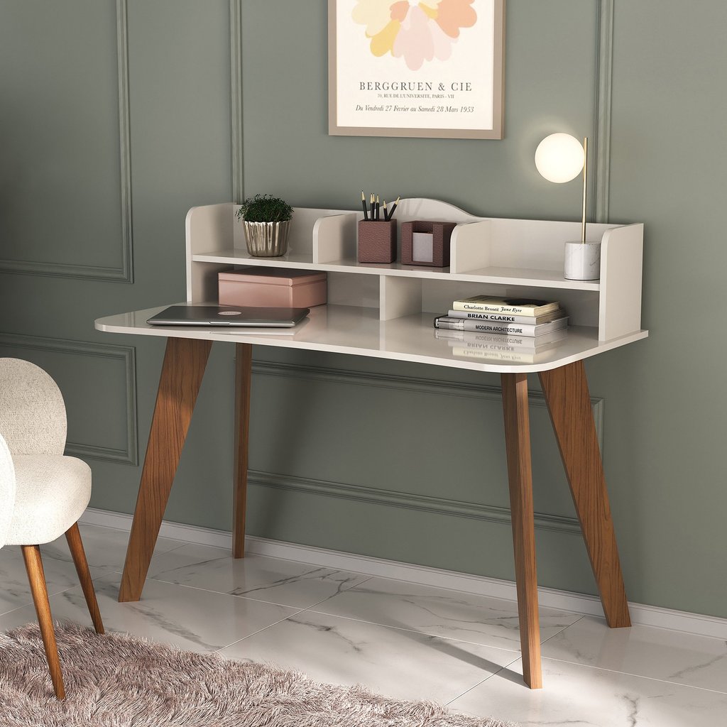 Escrivaninha Penteadeira Feminina Sofia Mesa Escritório 120cm 5 Nichos 100% MDF Bege/Off White/Cedro Off White/Cedro
