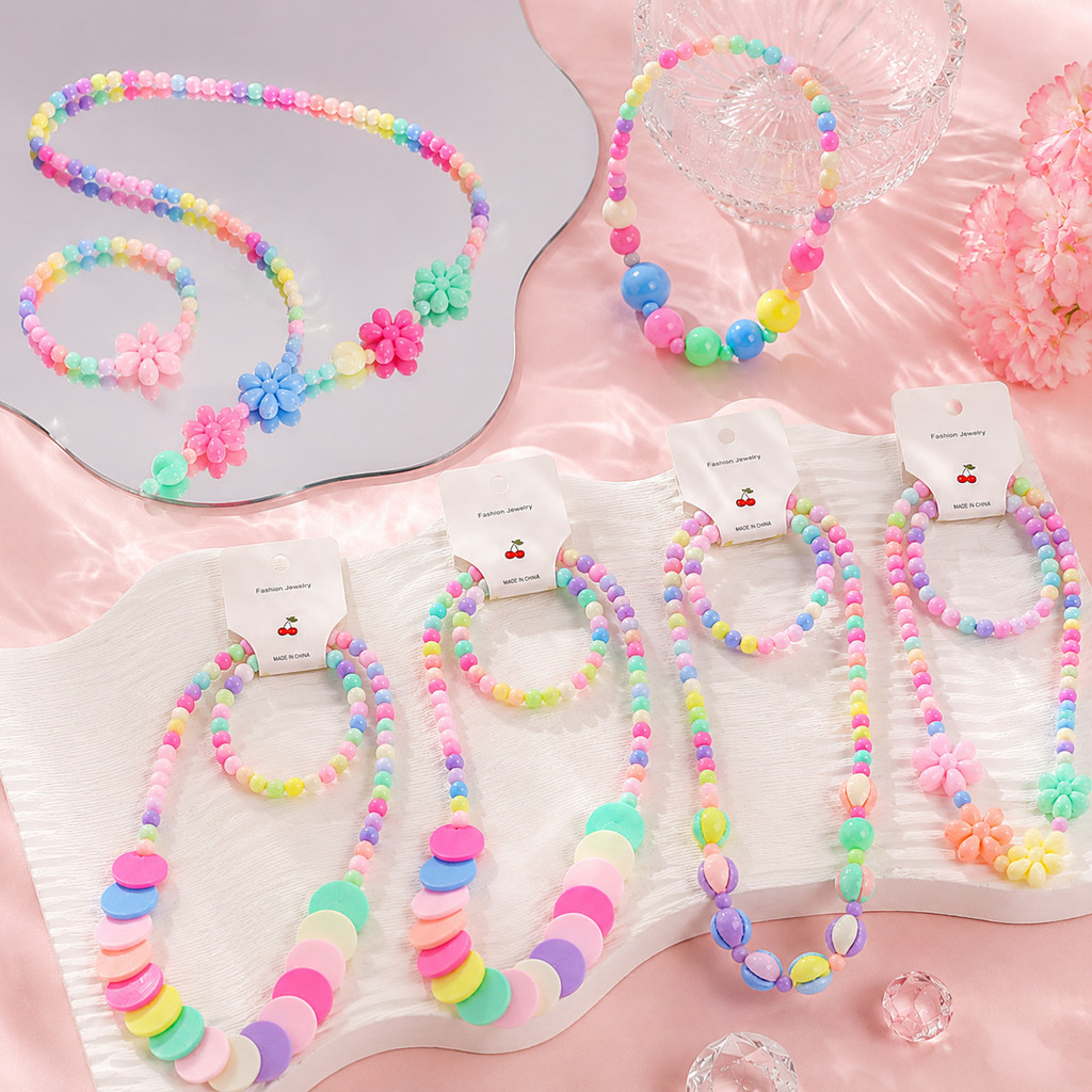 Kit 3 Conjuntos de Bijuterias Infantis Candy Color / Colar e Pulseira com Miçangas Coloridas, Ajustáveis para Meninas