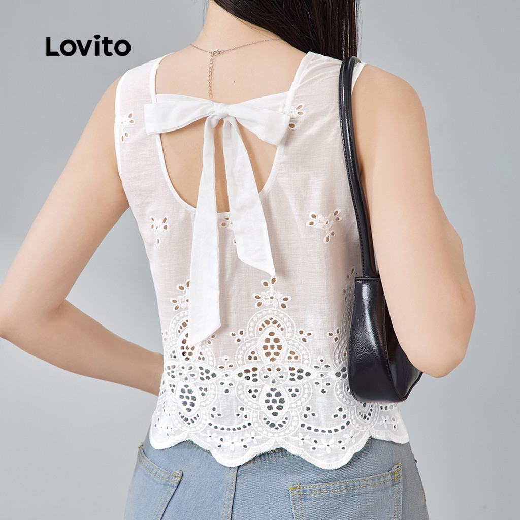 Lovito Blusa Branca De Algodão Com Decote Redondo Mangas Compridas E Amarração Nas Costas Com Bordado Inglês Para a Primavera/verão Feminina LR13E004 · foto 2