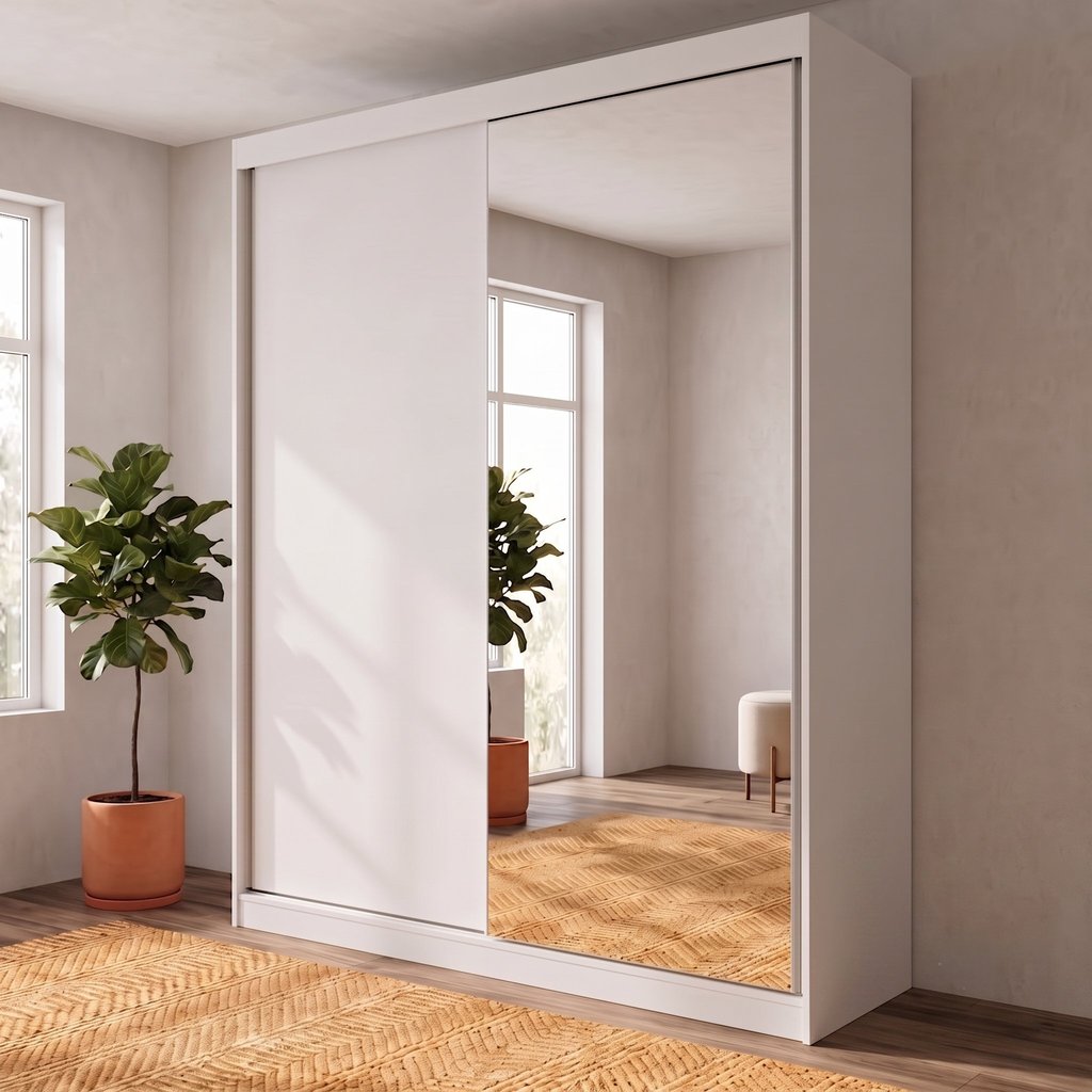 Guarda-Roupa Solteiro 2 Portas e 1 Espelho 100% MDF Geneve Branco Branco