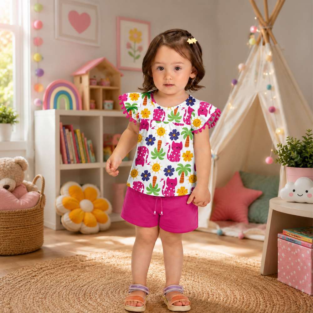 Conjunto Menina Kyly Bata Algodão Estampada e Short Moletinho Branco/Pink