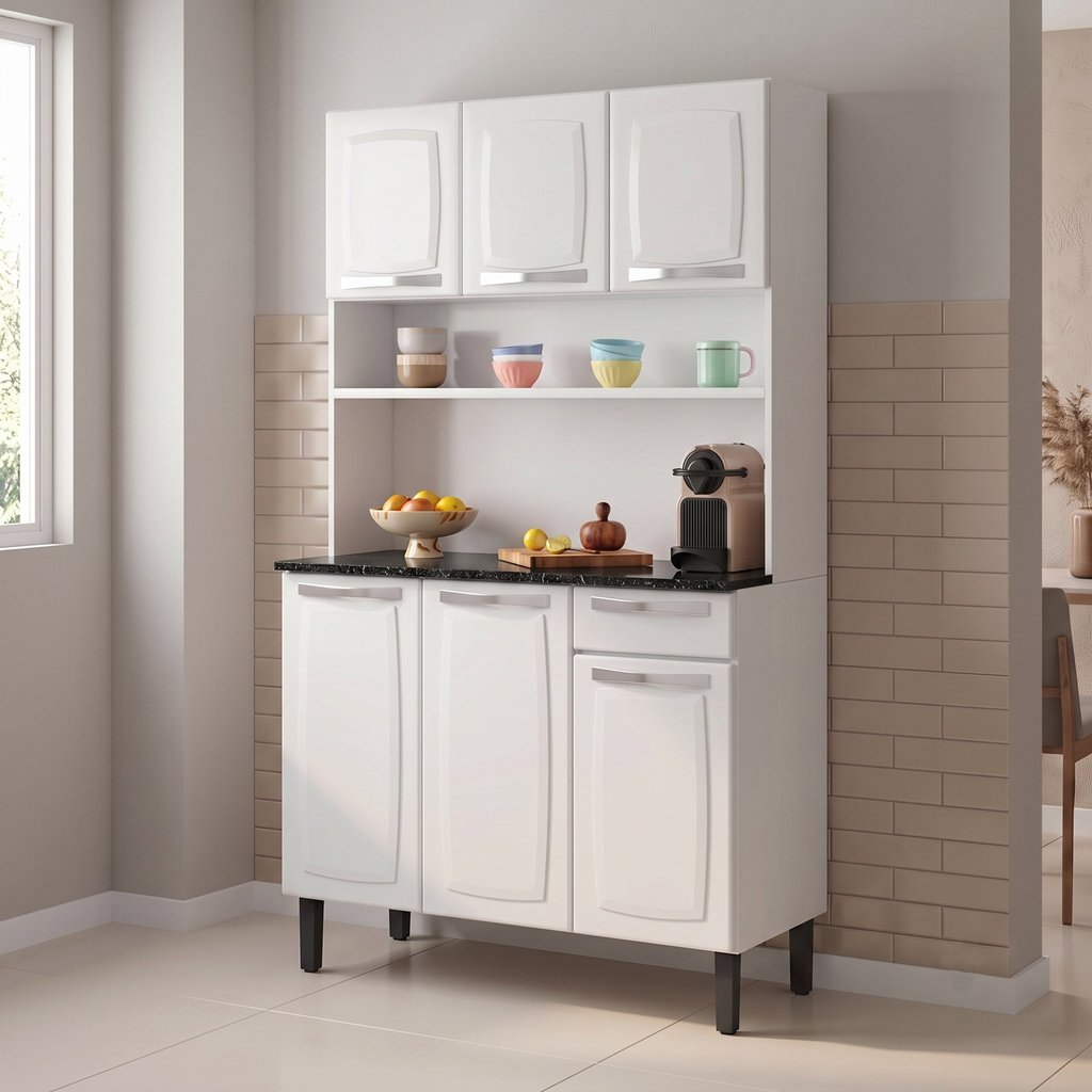 Armário de Cozinha em Aço 6 Portas 1 Gaveta com Tampo e Nicho 182 x 105cm Rose Itatiaia Branco Branco