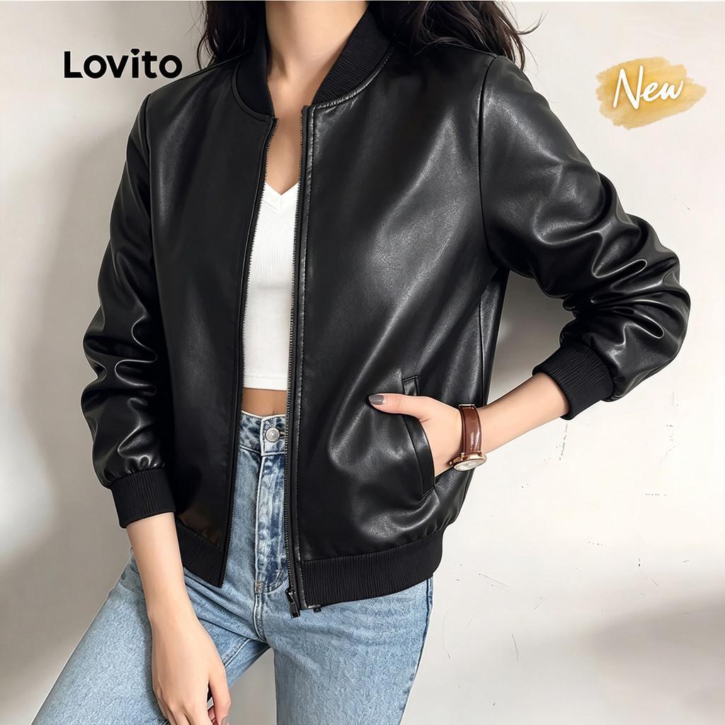 (New Arrival) Lovito Jaqueta Casual Preta Leve Com Bolsos Em Zíper Para Primaver