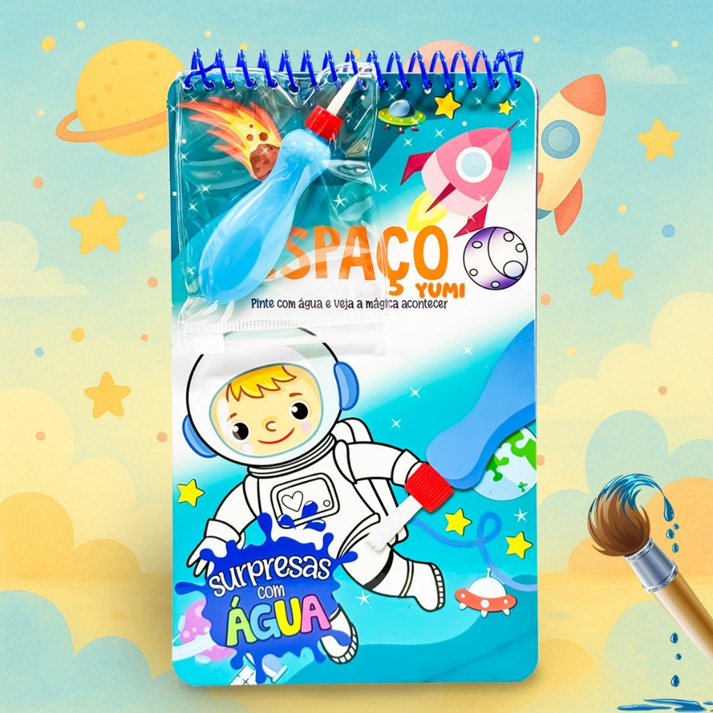 Livro Infantil Desenhos Espaço Universo Planetas Pinta Com Água Capa Dura Agua book Aquabook