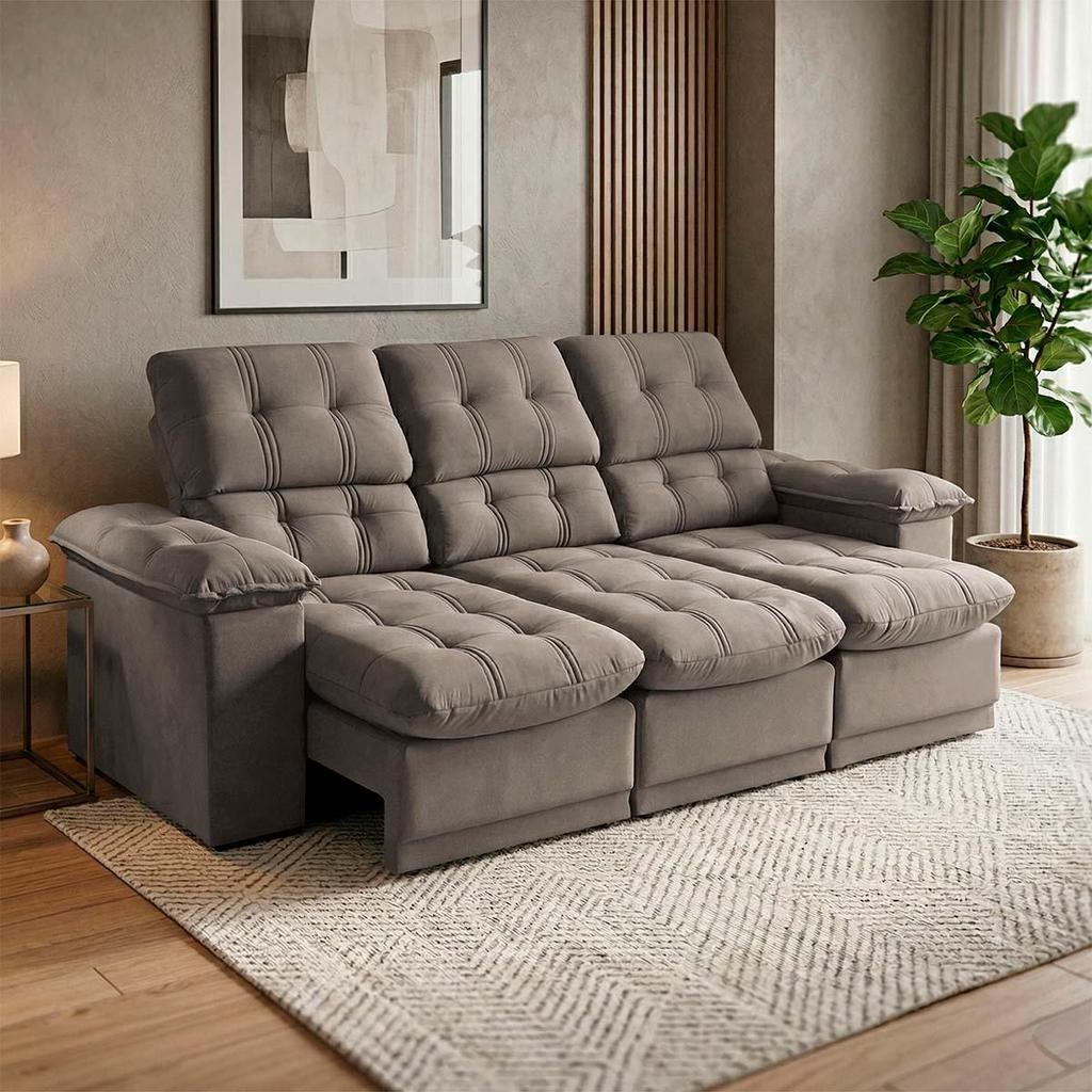 Sofá Retrátil Reclinável Atenas 2,30m Suede Velut Tabaco c/ Molas no Assento - King House