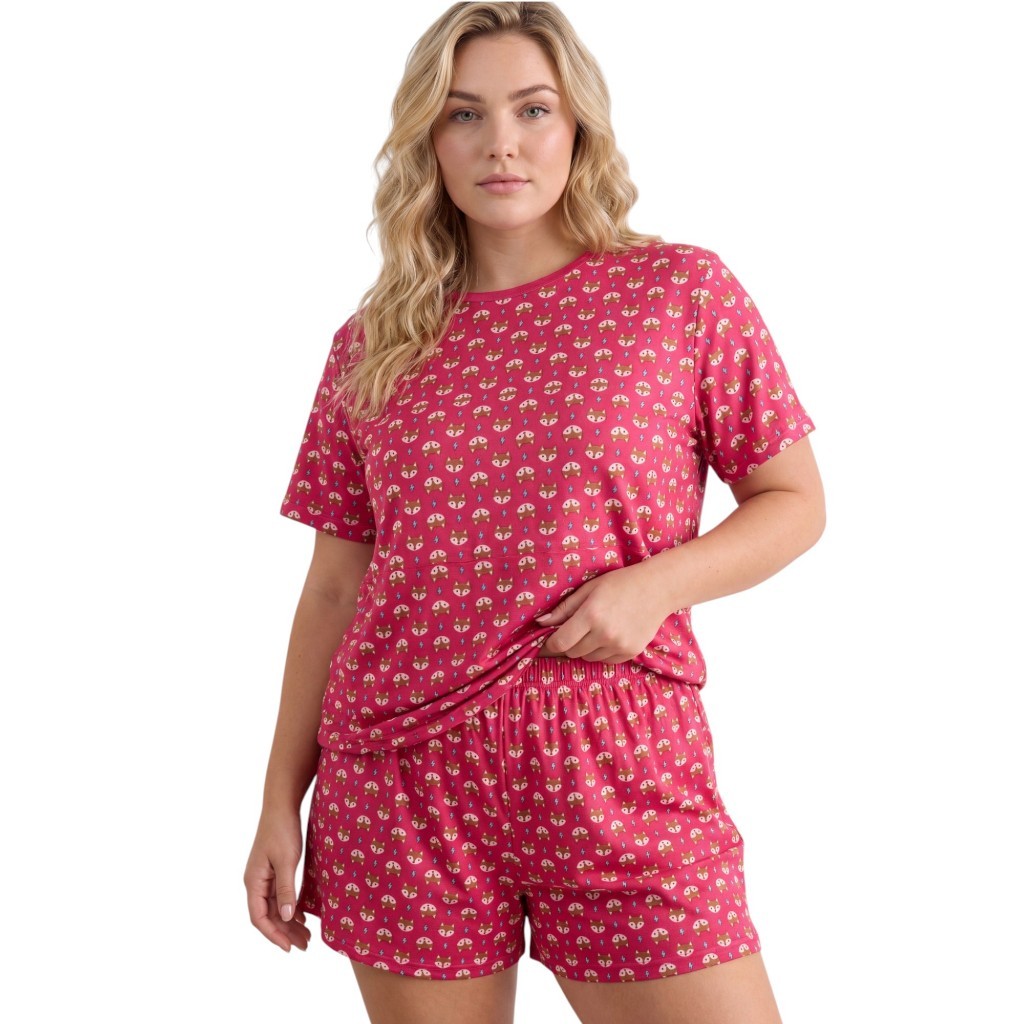 Pijama Curto Feminino Plus Size Blusa Manga Curta e Shorts Malha Estampada 48 50 52 Leve Macio Ideal