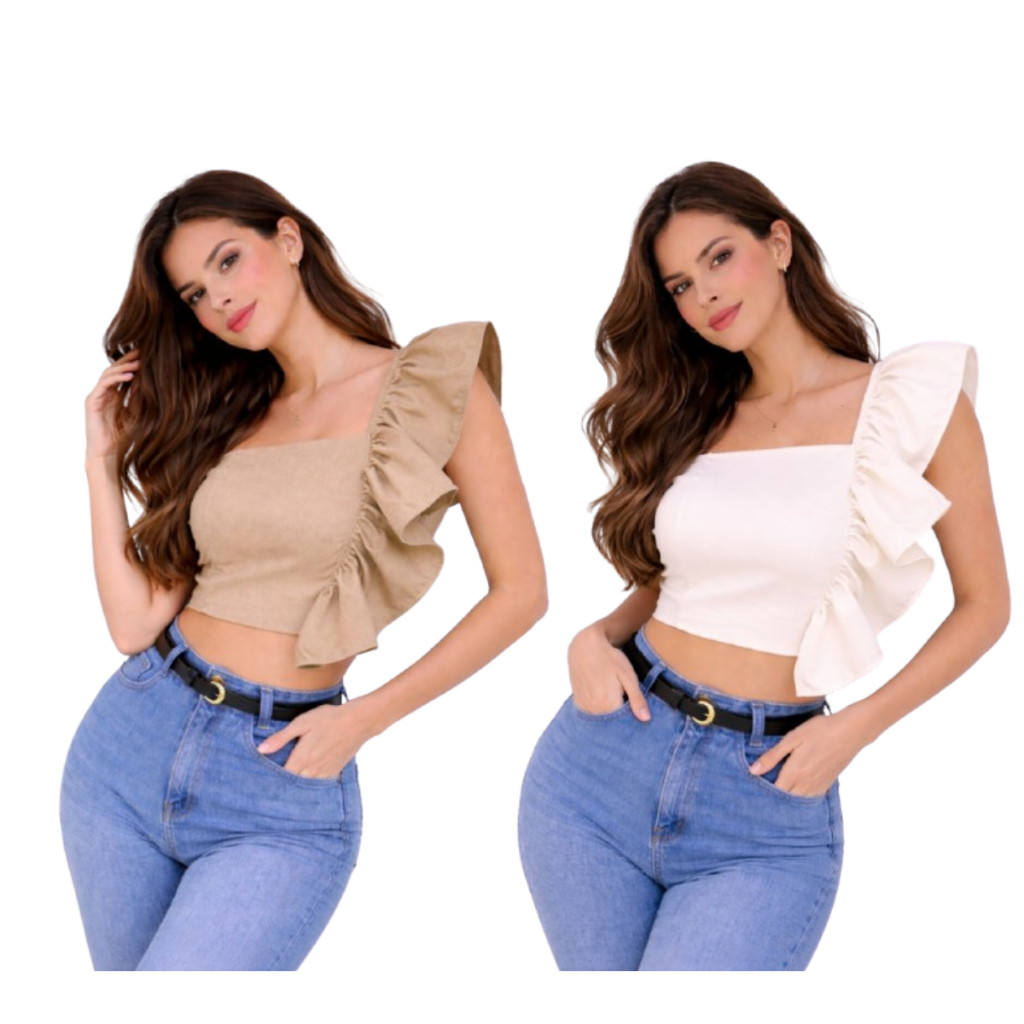 Kit  C/ 2 Croped Babado Ombro Amarraçao Costas Tamanho Unico Veste ate 44 Elegante Sofisticado Para todas Ocasios Novo