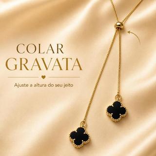 Colar Gravata Feminino Regulável Dourado com Pingente Trevo Preto