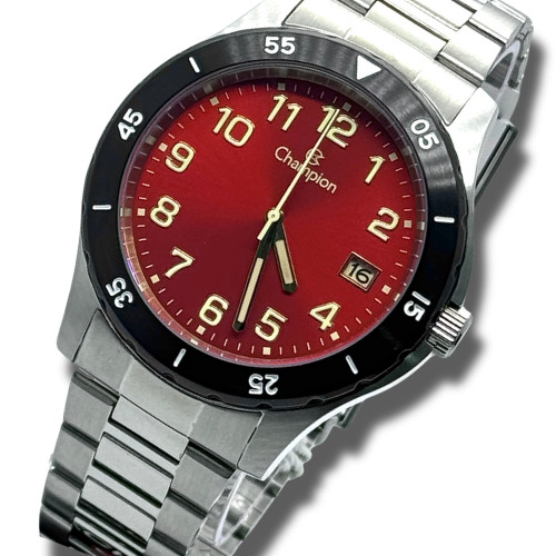 Relógio Champion Masculino Prata Original Aço Fundo Vermelho Analógico Esportivo CA31355V