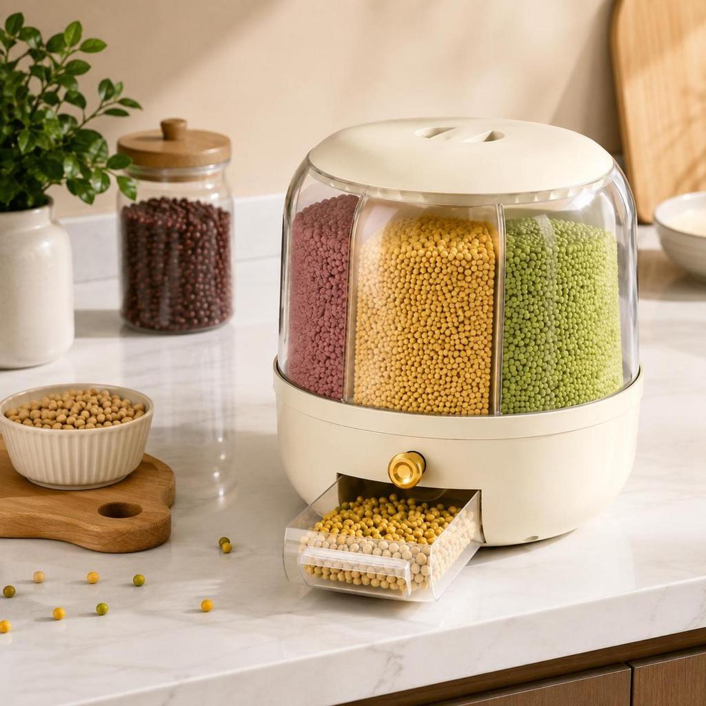 Dispenser de Cereais 6 em 1 Giratório 360° Organizador de Grãos para Cozinha, Arroz, Feijão