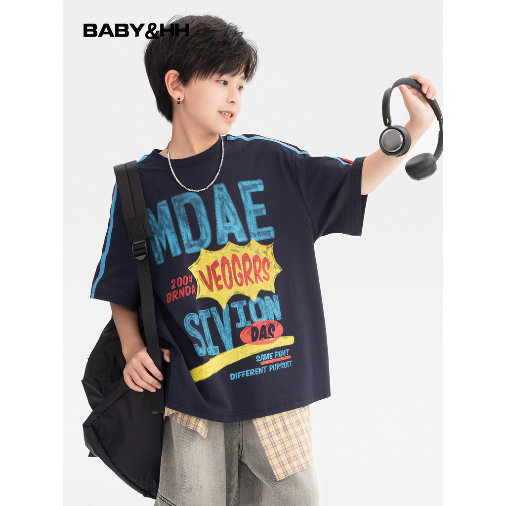 Meninos verão contraste cor carta Graffiti camiseta de manga curta 2026 novo estilo adolescentes crianças gelo meia mang