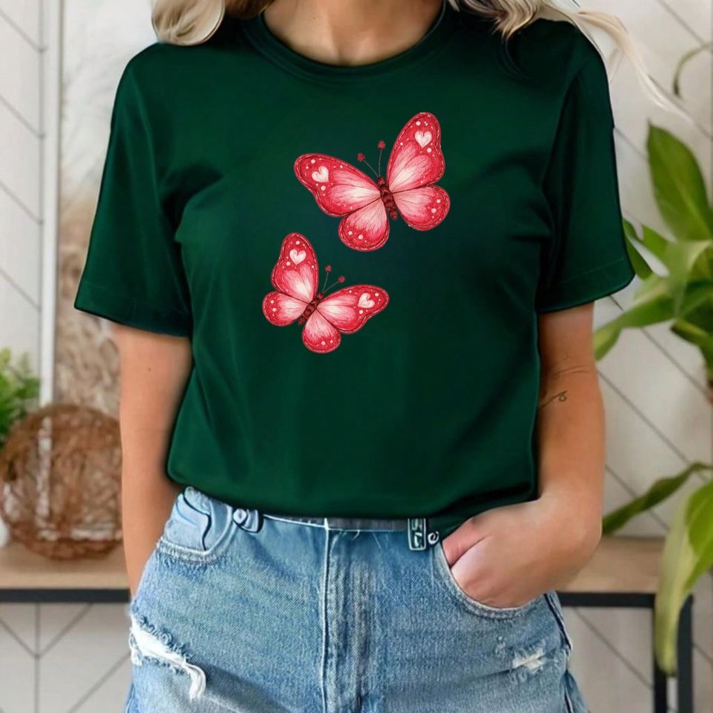 Camiseta Feminina Estilo Oversized Casual Estampada Borboletas Vermelhas Camisa 100% Algodão Malha Premium