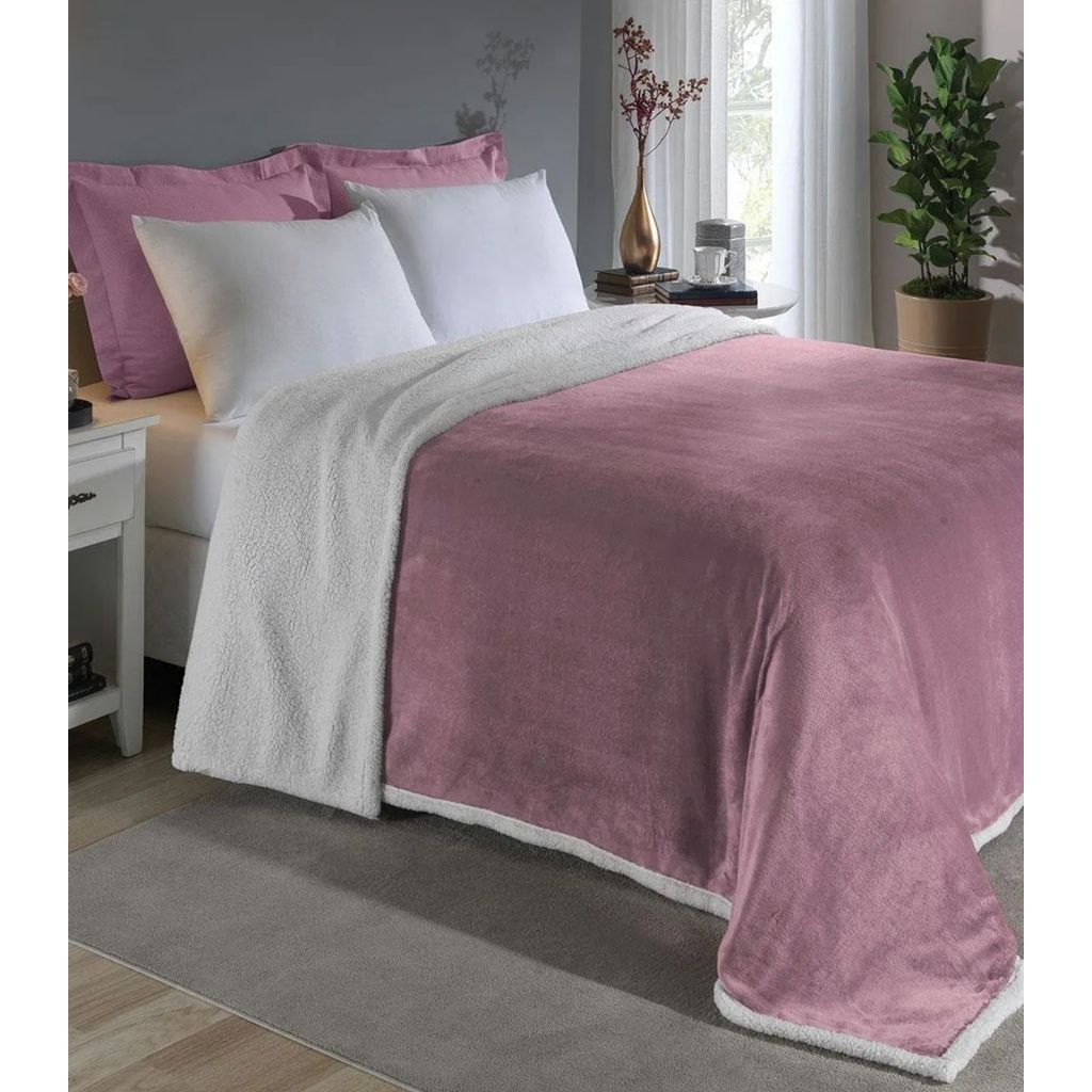 Cobertor Sherpa Dupla Face Queen Lar E Lazer Rosa