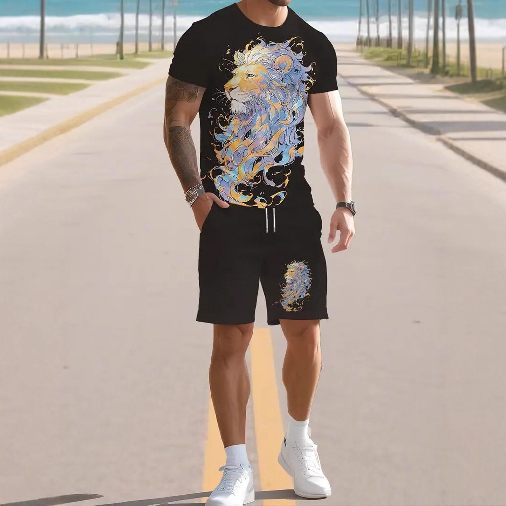 2025 AliExpress TEMU Novo Produto Legal Leão Terno Casual Masculino Impressão Digital 3D Tamanho Grande Manga Curta