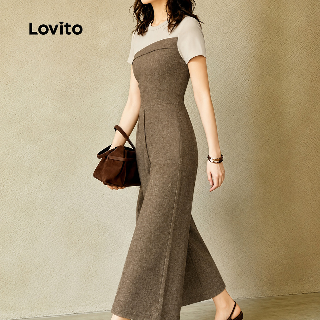 Lovito Elegante Macacão de Tecido com Costuras Assimétrico Bicolor Khaki para Mulheres JRK8P2D467 · foto 2