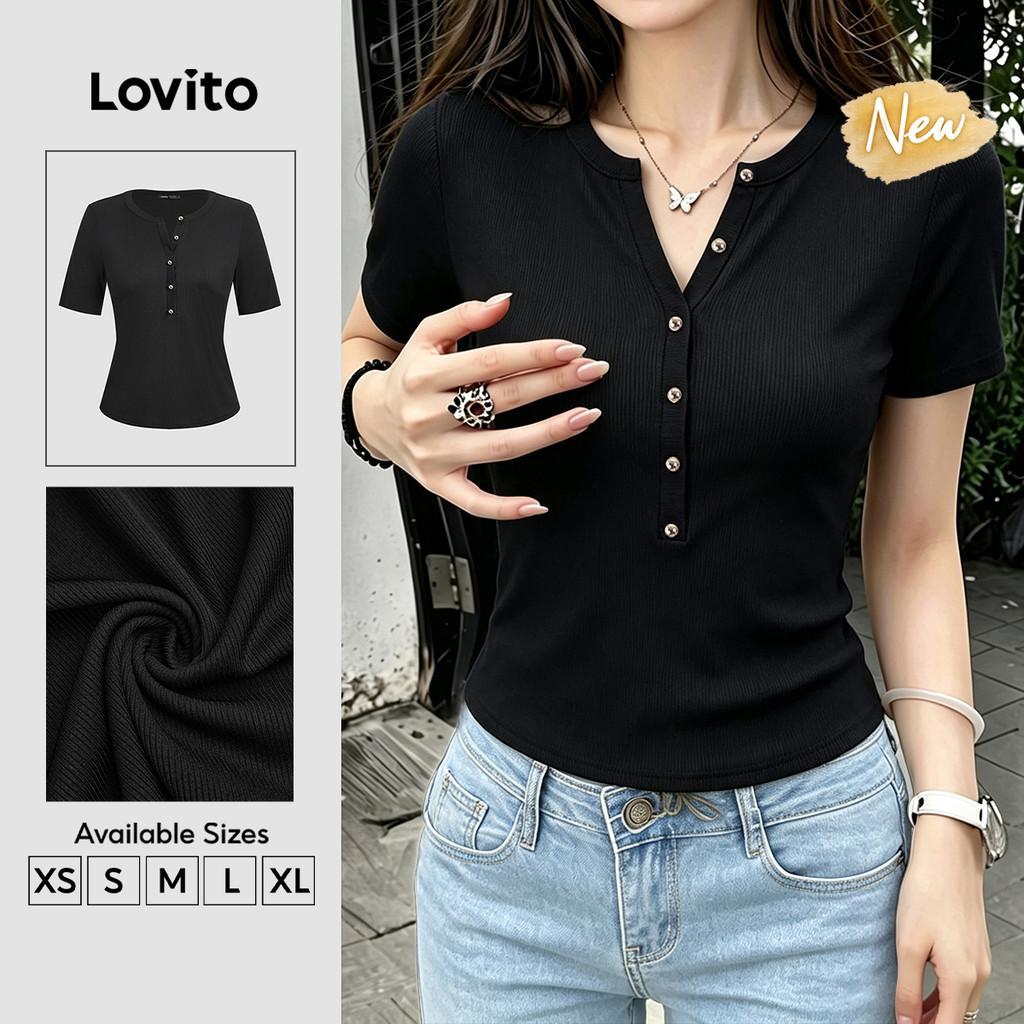 (New Arrival) Lovito Camiseta Elegante com Botão Simples Clássica e Versátil Camiseta Preta de Primavera/verão para mulheres TSB202P2D587