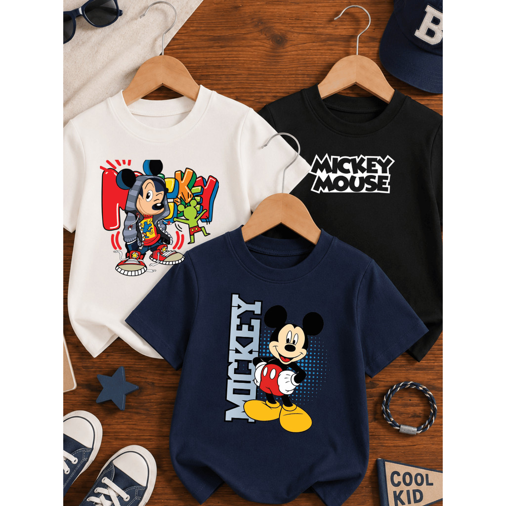KIT 3 CAMISETAS INFANTIL MICKEY DESPOJADOS ALGODÃO CONJUNTO MASCULINO 2 AO 16 PRETO,BRANCO