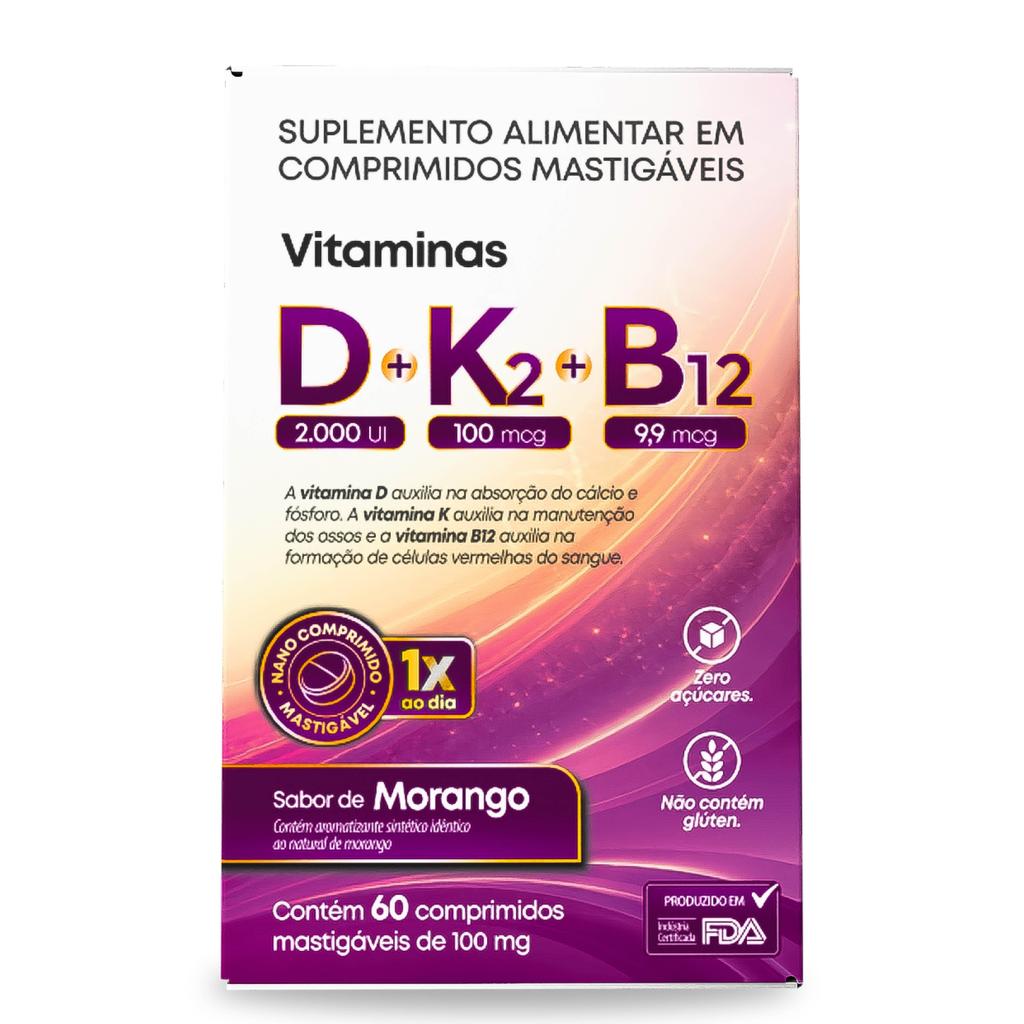 Vitamina D3 + Vitamina K2 MK7 + Vitamina B12 60 Comprimidos Mastigáveis Sabor Morango Zero Açúcar Original Vitalizy