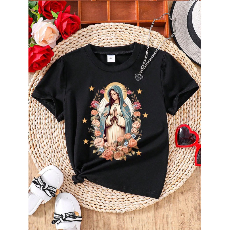 Camiseta Infantil Nossa Senhora de Guadalupe Católica Religiosa Cristã Estampada 100% Algodão Gola Redonda T-Shirt