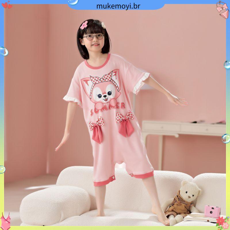 Pijamas para meninas estilo verão crianças puro algodão de uma peça de manga curta estilo fino 2026 novo estilo meninas 
