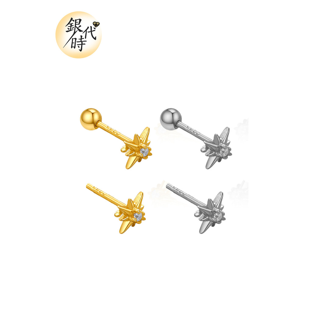 Silver Age S999 Brincos de estrela octogonal de prata pura femininos requintados brincos de diamante brincos de osso dor