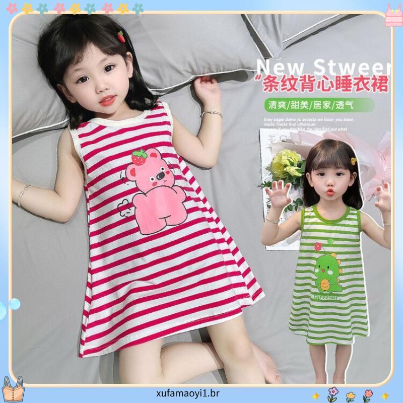Pijamas infantis verão fino gelo porcelana algodão crianças dos desenhos animados listrado camisola bebê menina proteção